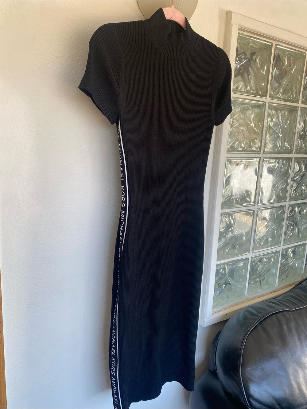 Michael Kors Black Ribbed Midi Dress with Logo Side Tape
